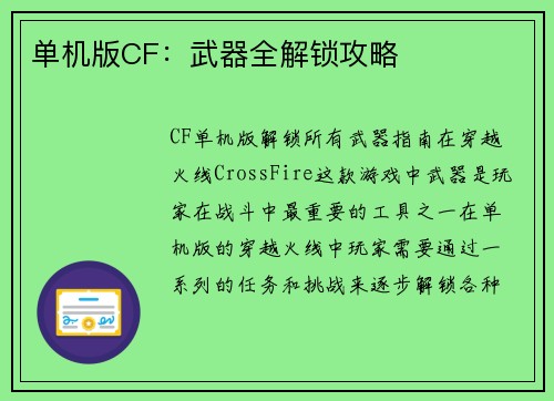 单机版CF：武器全解锁攻略