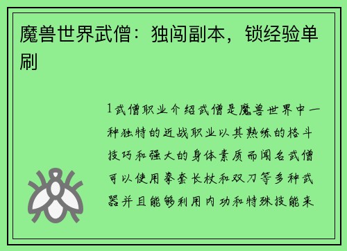 魔兽世界武僧：独闯副本，锁经验单刷